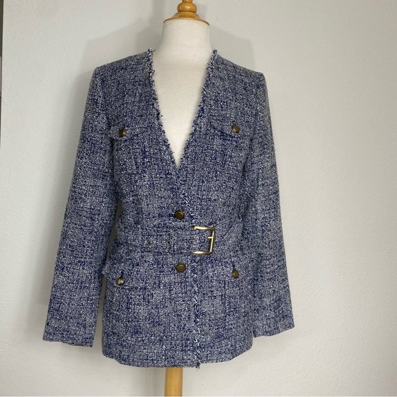 NWT New Michael Michael Kors Blue Red Tweed Plaid Belted Jacket Size 4 Classic - Picture 1 of 16
